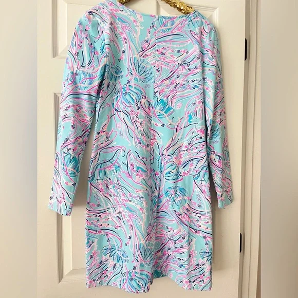 Lilly Pulitzer Harper Shift Dress Long Sleeve Bayside Blue Stretch Medium - Picture 4 of 10